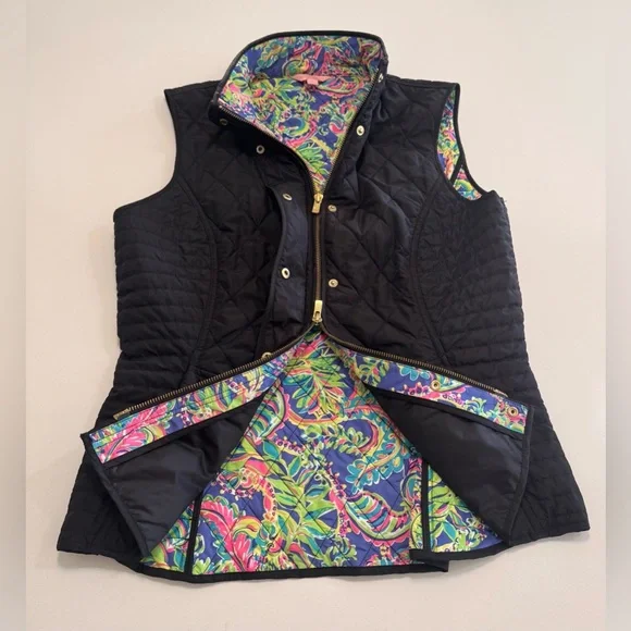 Lilly Pulitzer Lightweight Quilted Vest Black Size Large Zip Snap Pockets - Picture 2 of 9